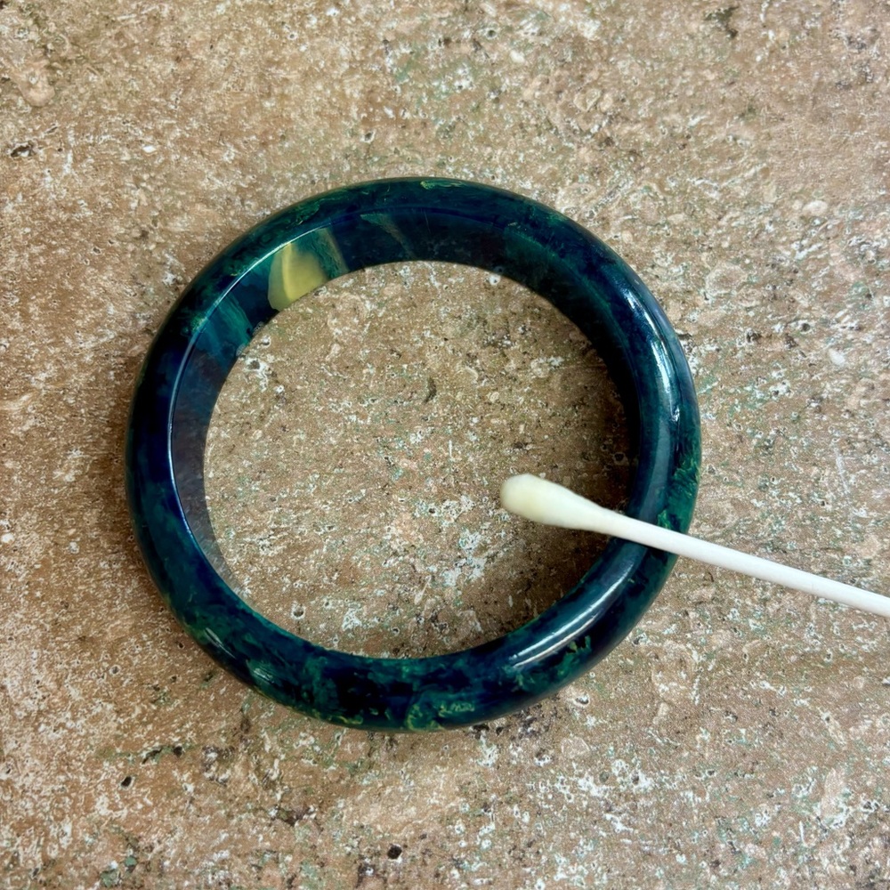 Vintage Blue Moon Green Yellow Marbled Bakelite Bangle Bracelet - Picture 2 of 9